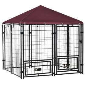 5' x 5' Outdoor Dog Kennel with Rotating Bowl Holders, Walk-in Pet Playpen, Wire Steel with Water and UV-Resistant Canopy, Red