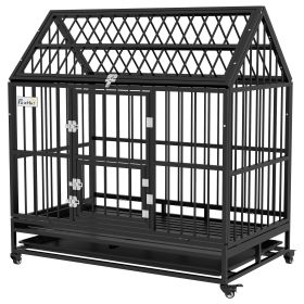 48" Heavy Duty Dog Crate with 4 Lockable Wheels, Double Doors, and Removable Tray, for XL and L Dogs