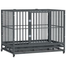 Heavy Duty Dog Cage 42 Metal Kennel with Wheels Double Door Removable Tray Gray