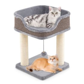 2-Level Cat Furniture - Engaging Bell + Pompom Toys, Sisal + Plush + Engineered Wood Build, Ideal for Tight Spaces