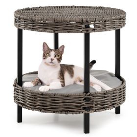 2-Tier Rattan Cat Bed (15"x15") - Washable Padded Cushion, Metal Legs (66 lbs Total Capacity), Gray Finish